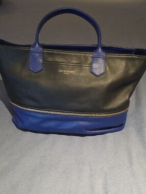 Longchamp Black and Blue Leather Laptop Tote